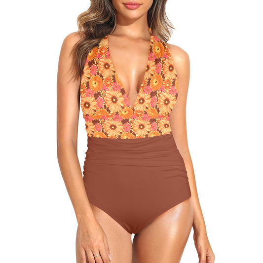 Vampire Art Glam Plunge Halter Backless Swimsuit - 1970s Orange Florals with Brown