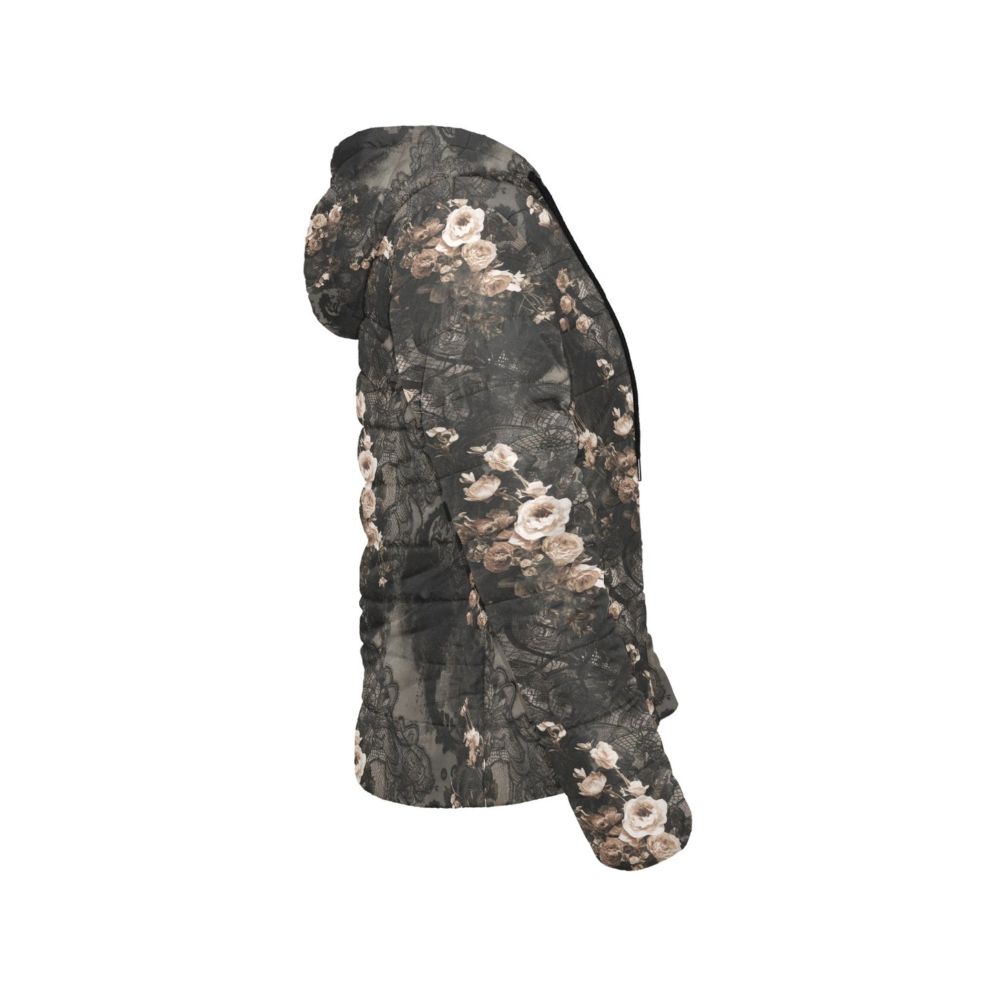 Vampire Art Urban Gothic Women's Padded Hooded Jacket - Grunge Black Lace and White Roses