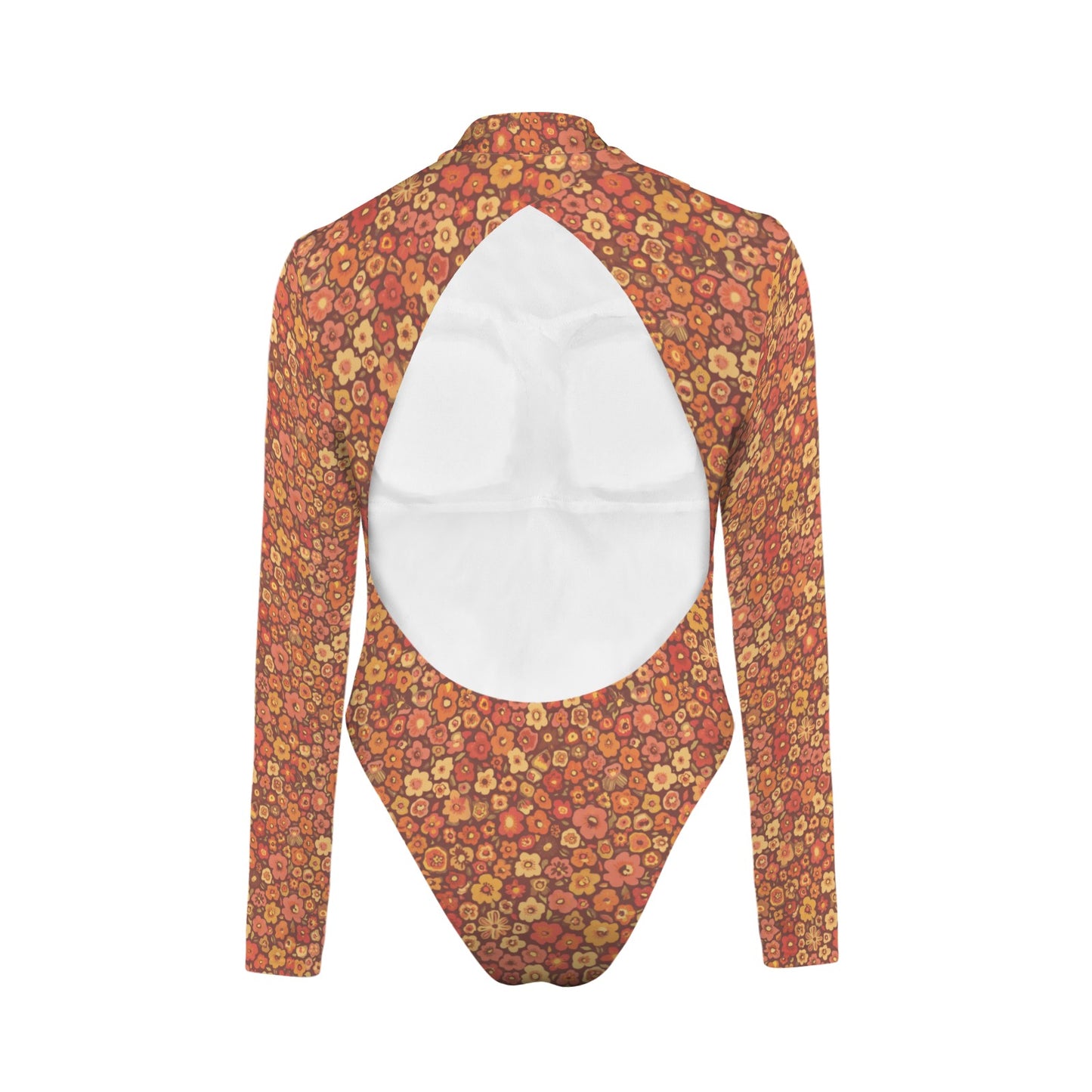 Vampire Art Retro Elegance Backless Long Sleeve Thumbhole Swimsuit - Retro Brown Florals
