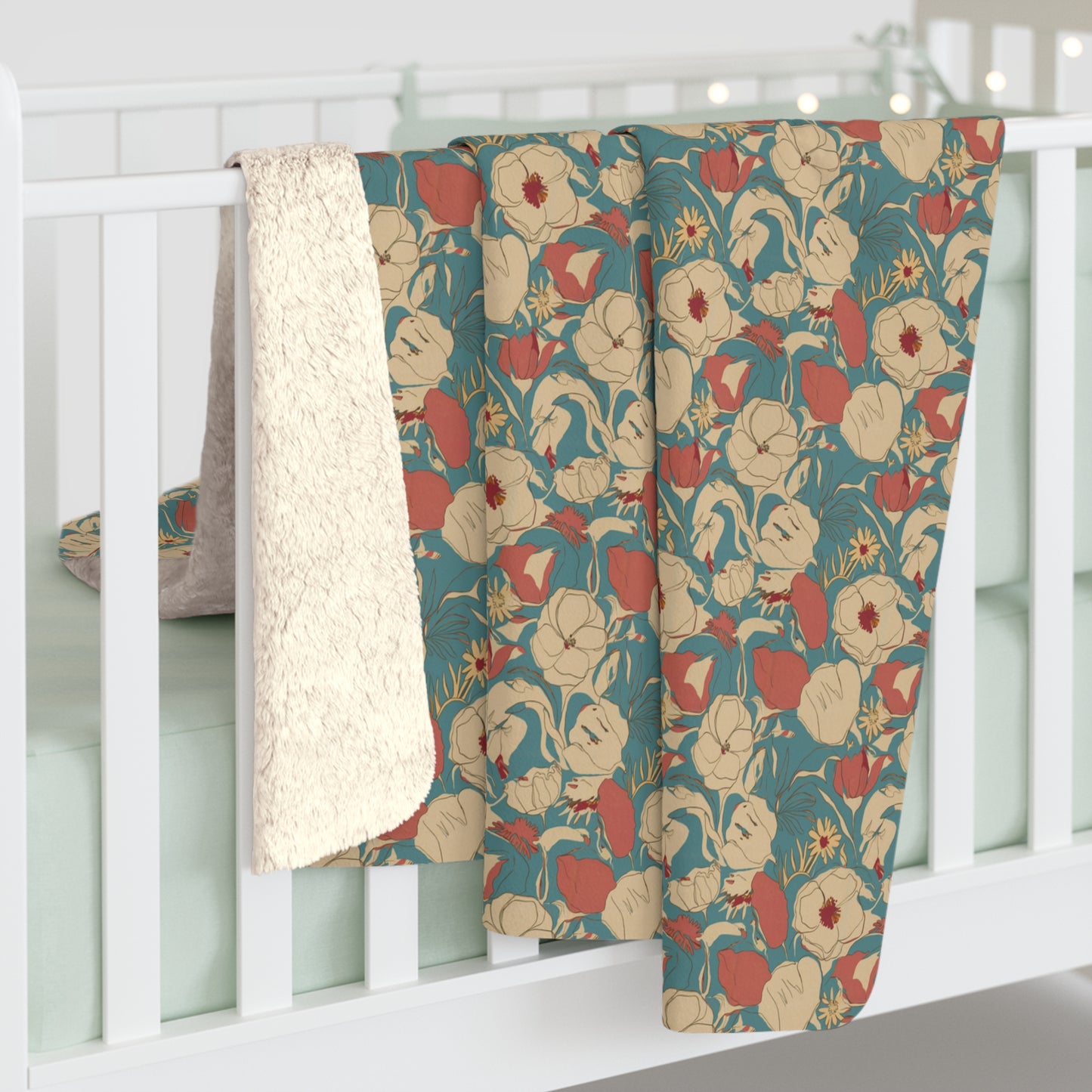 Vampire Art Nostalgic Dream Luxury Sherpa Fleece Blanket - Aged Surfy 1960s Flowers in Blue