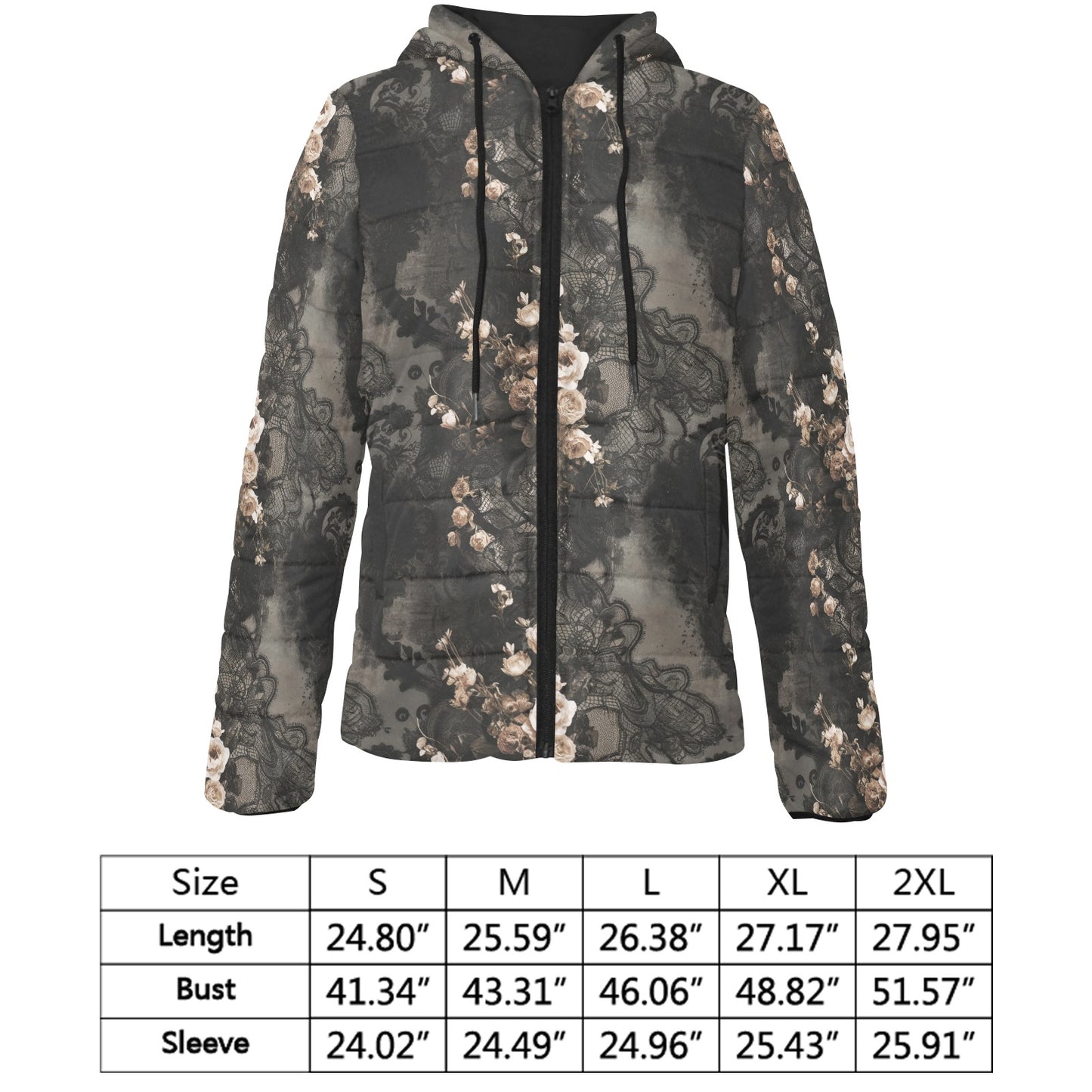 Vampire Art Urban Gothic Women's Padded Hooded Jacket - Grunge Black Lace and White Roses