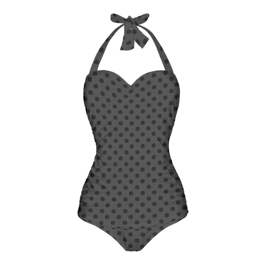 Vampire Art Vintage Chic Halter Neck One-Piece Swimsuit - Charcoal Polka Dot