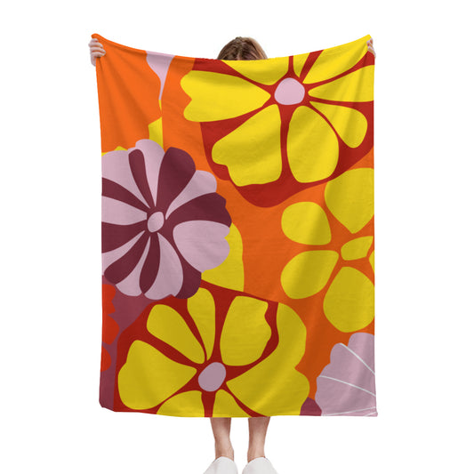 Vampire Art Retro Bold Chic Florals Sherpa Thick Blanket - Orange and Yellow with Lilac