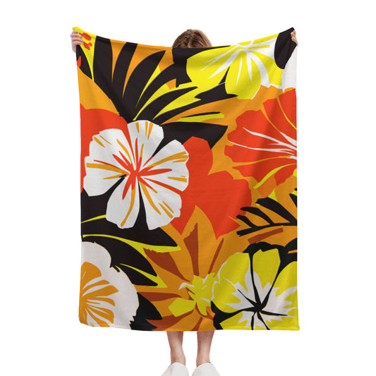 Vampire Art Retro Bold Chic Florals Sherpa Thick Blanket - Retro Surfy Yellow and Orange Flowers