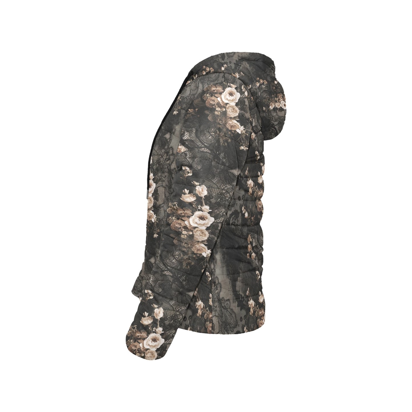 Vampire Art Urban Gothic Women's Padded Hooded Jacket - Grunge Black Lace and White Roses