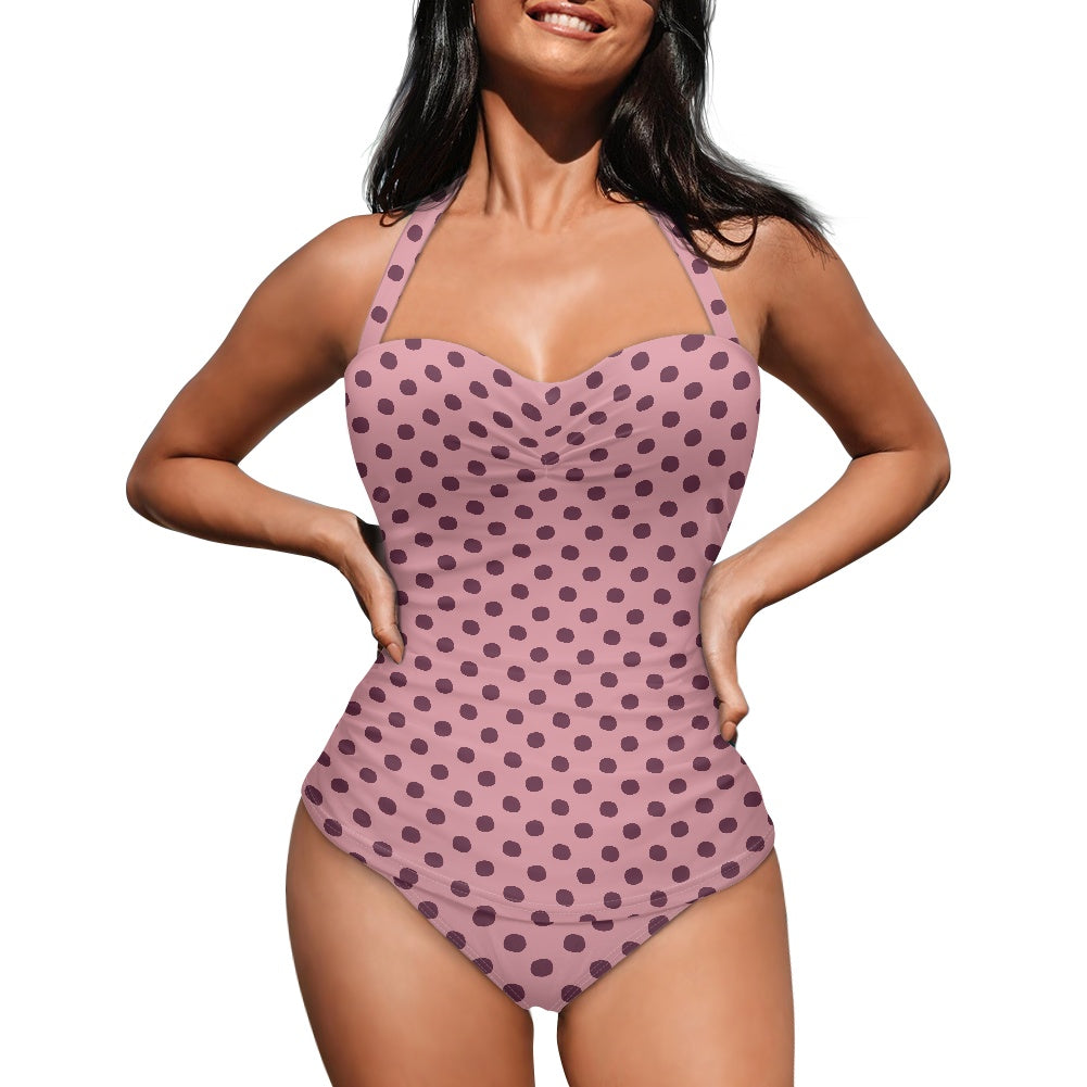 Vampire Art Vintage Chic Halter Neck One-Piece Swimsuit - Retro Pink Polka Dot