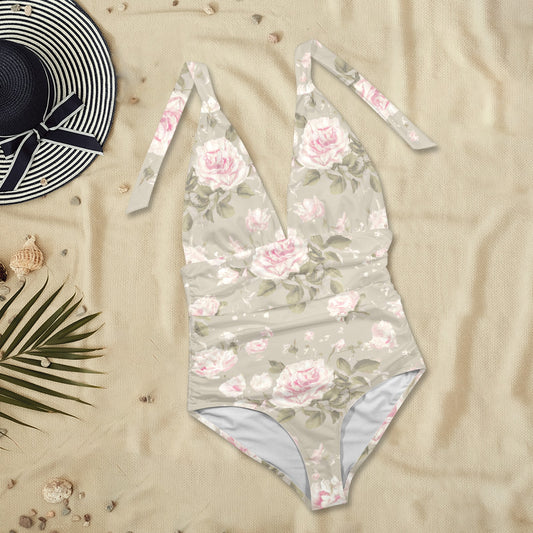 Vampire Art Glam Plunge Halter Backless Swimsuit - Retro Beige Roses