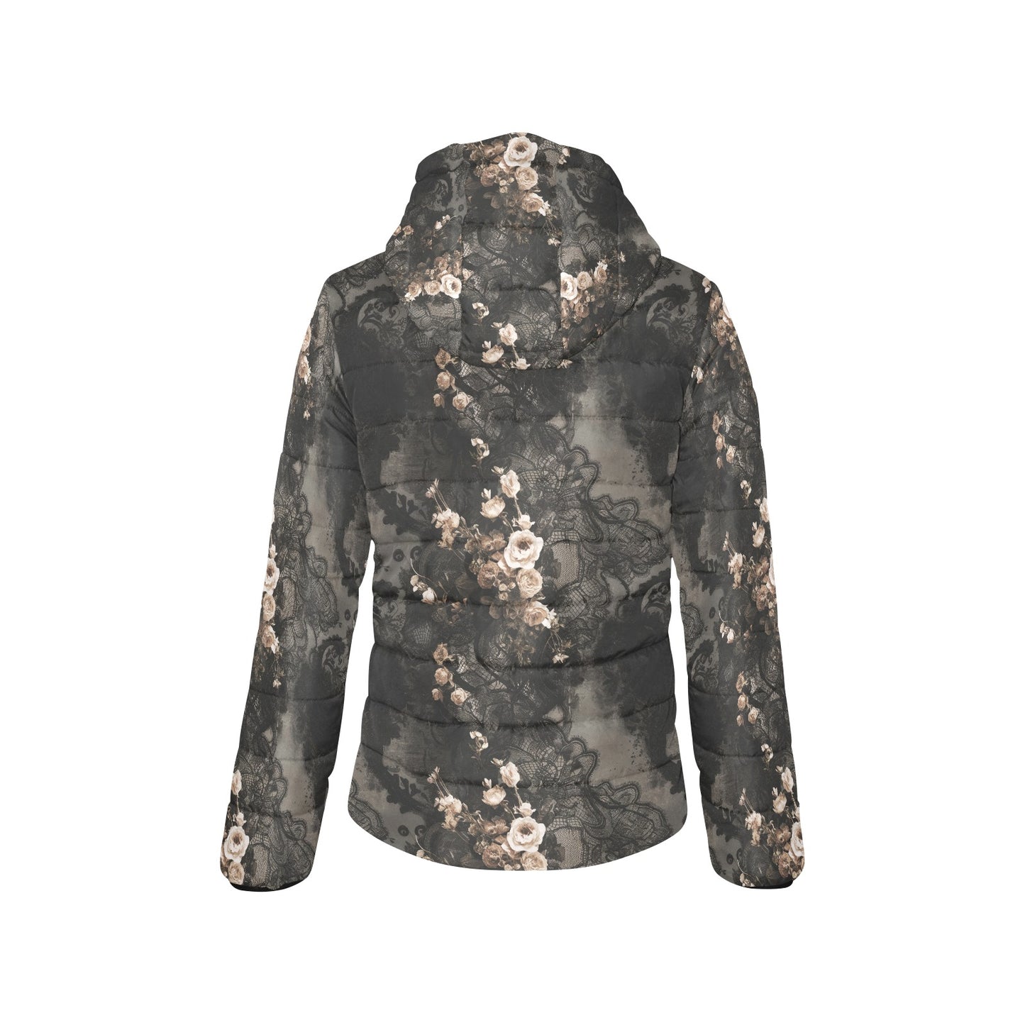Vampire Art Urban Gothic Women's Padded Hooded Jacket - Grunge Black Lace and White Roses