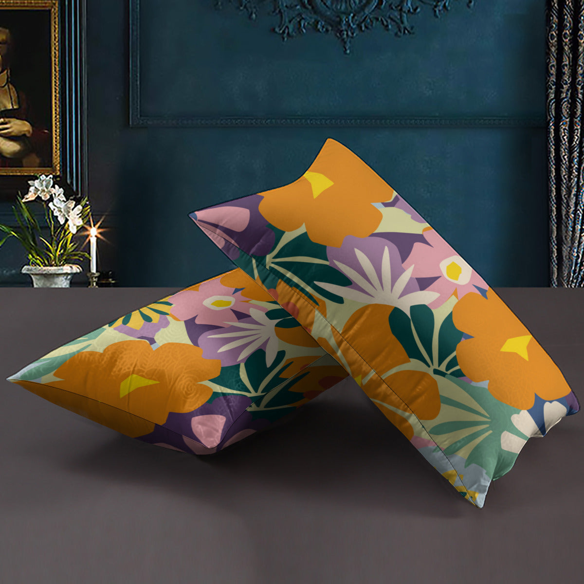 Vampire Art Cotton Cushion Cover Pillowcase 16 x 24in (40 x 60cm) - Bold Sixties Florals in Orange