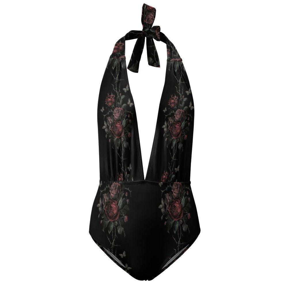 Vampire Art Retro Goth Romance Halter Plunge One-Piece Swimsuit Grunge, Rose Vines & Moths