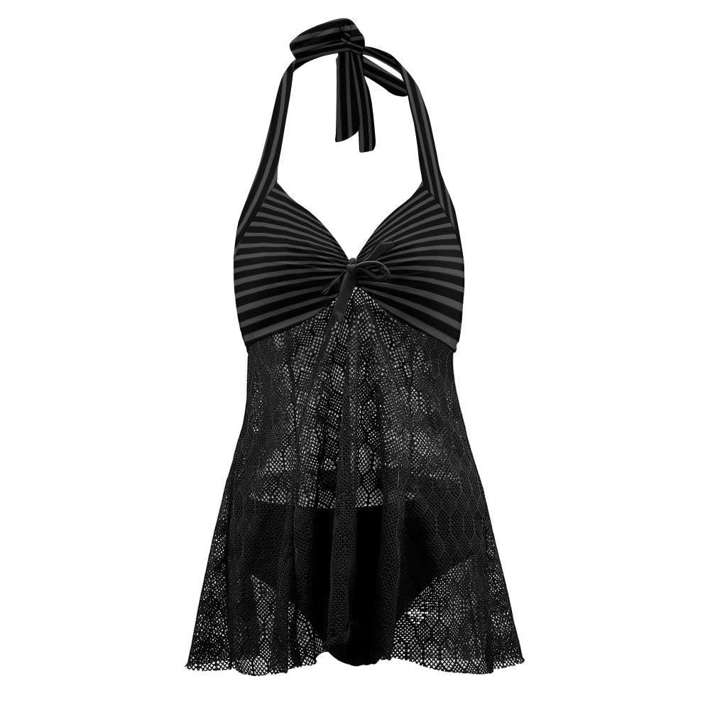 Goth Halter Tankini Swimsuit - Black Mesh, Vintage Stripe
