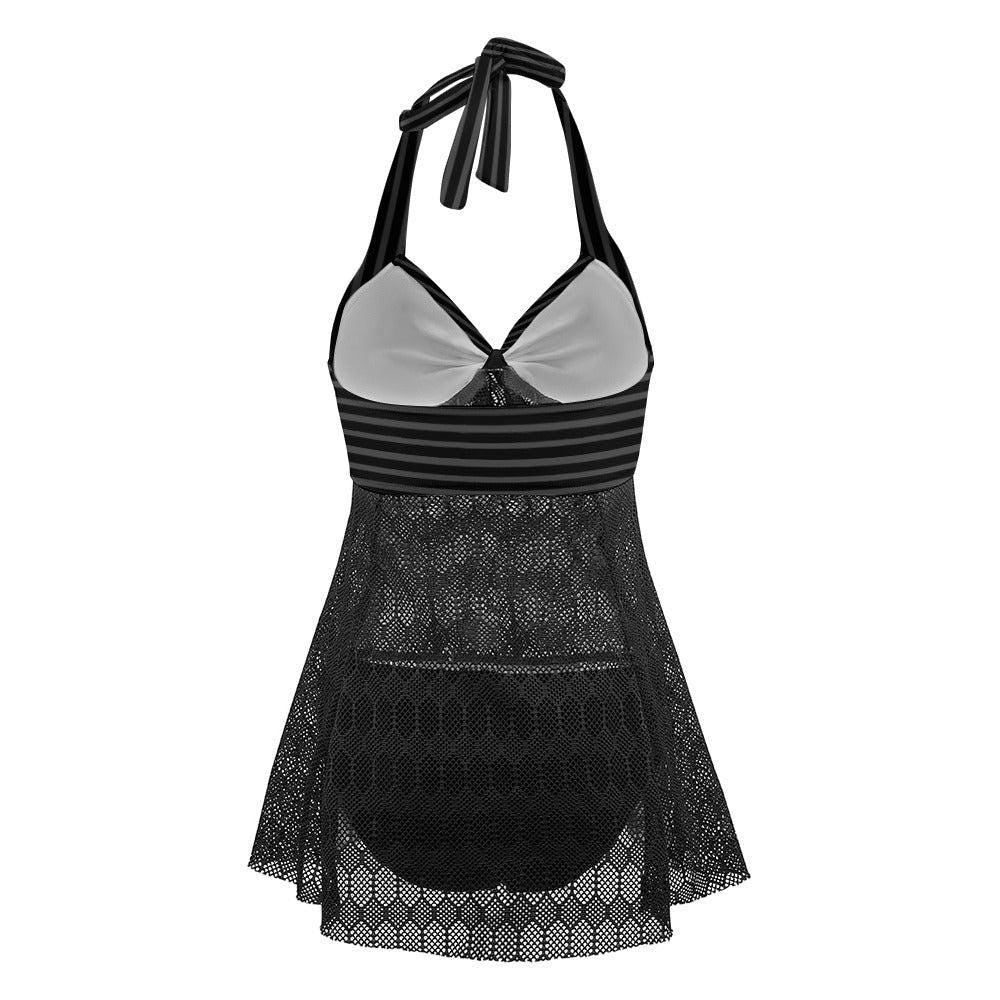 Goth Halter Tankini Swimsuit - Black Mesh, Vintage Stripe