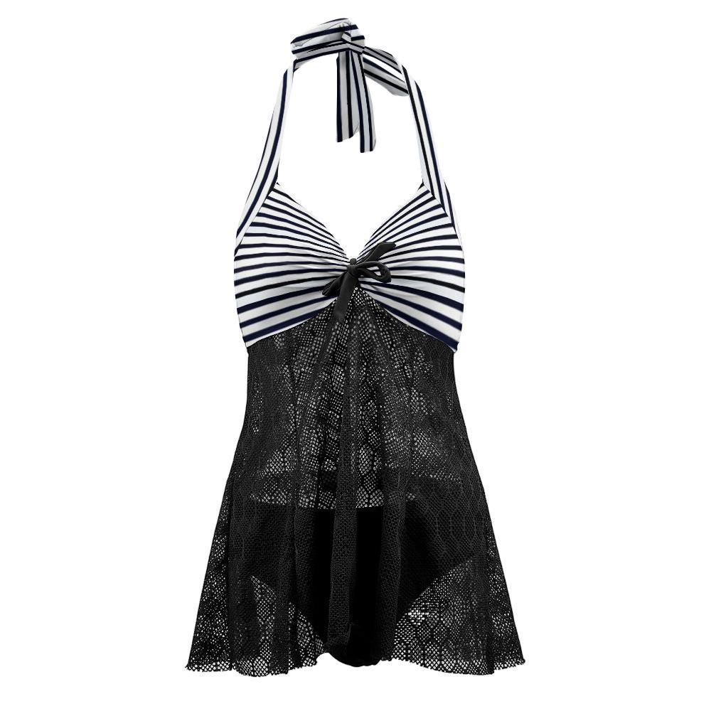 Goth Halter Tankini Swimsuit - Black Mesh, Vintage Stripe