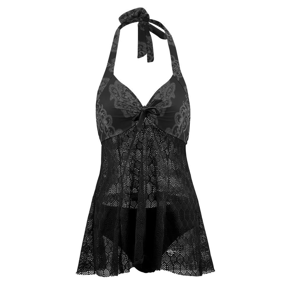 Goth-Inspired Lace Mesh Tankini – Halter Two-Piece Swimsuit