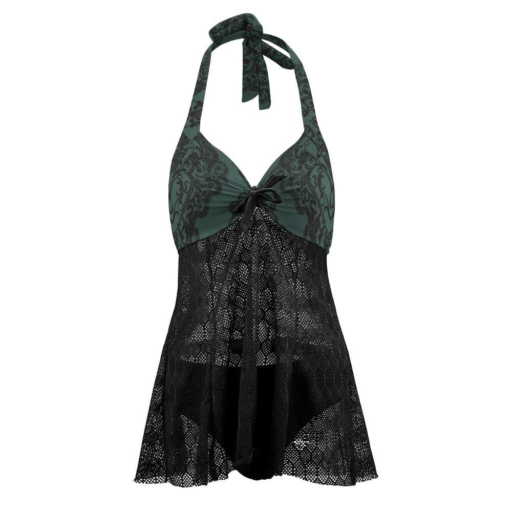 Goth-Inspired Lace Mesh Tankini – Halter Two-Piece Swimsuit