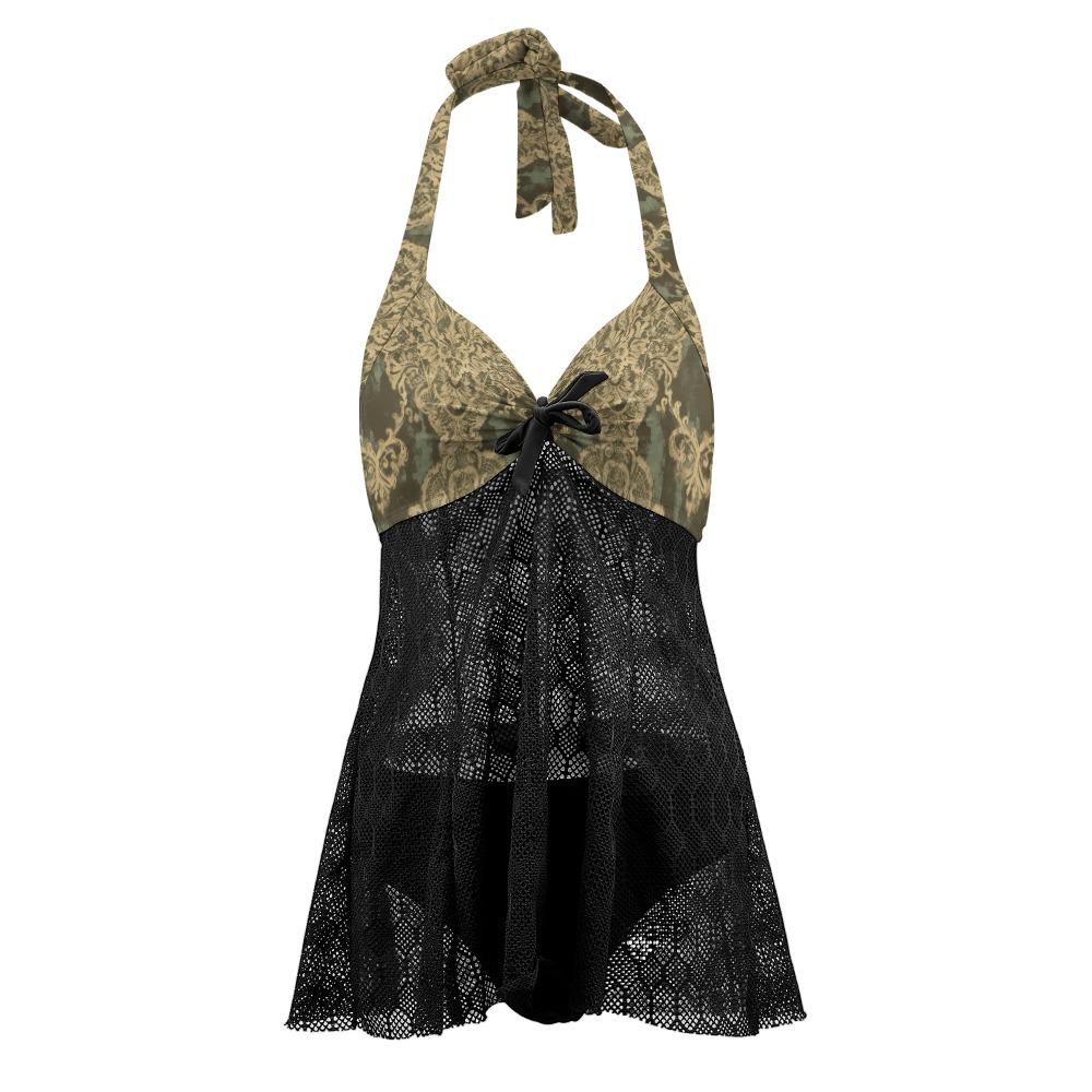 Goth-Inspired Lace Mesh Tankini – Halter Two-Piece Swimsuit