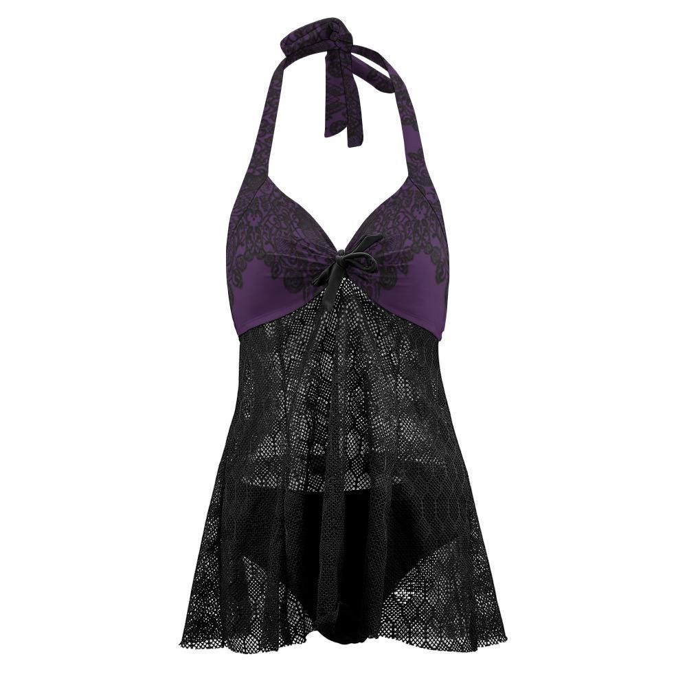 Goth-Inspired Lace Mesh Tankini – Halter Two-Piece Swimsuit