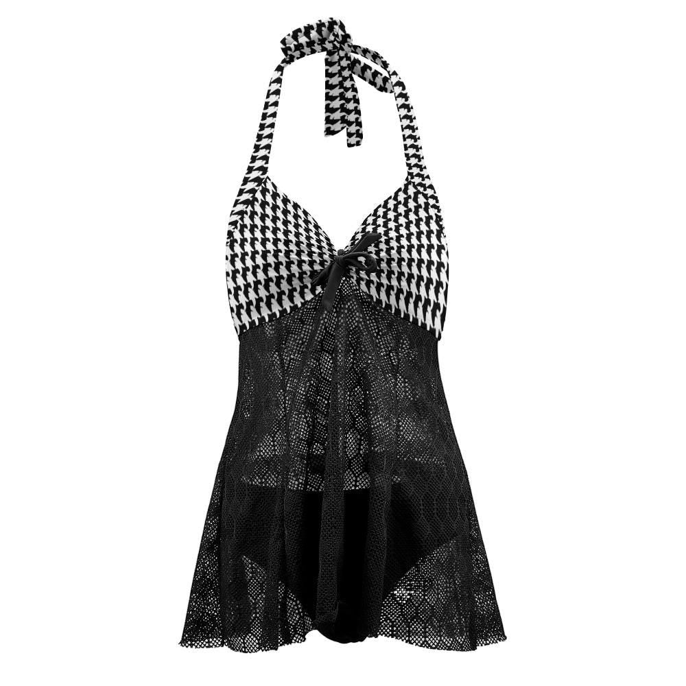 Goth Halter Tankini Swimsuit - Black Mesh, Vintage Stripe