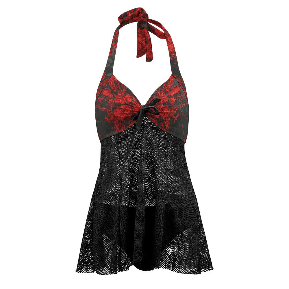 Goth-Inspired Lace Mesh Tankini – Halter Two-Piece Swimsuit