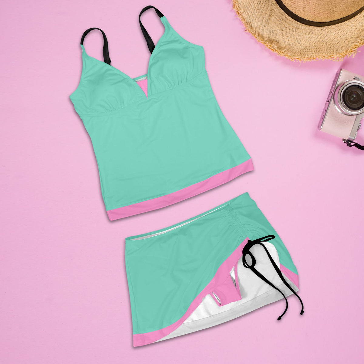 Drawstring Tankini Swimdress Skirted Swimsuit Set, 1980s-Fluo in Various Colours