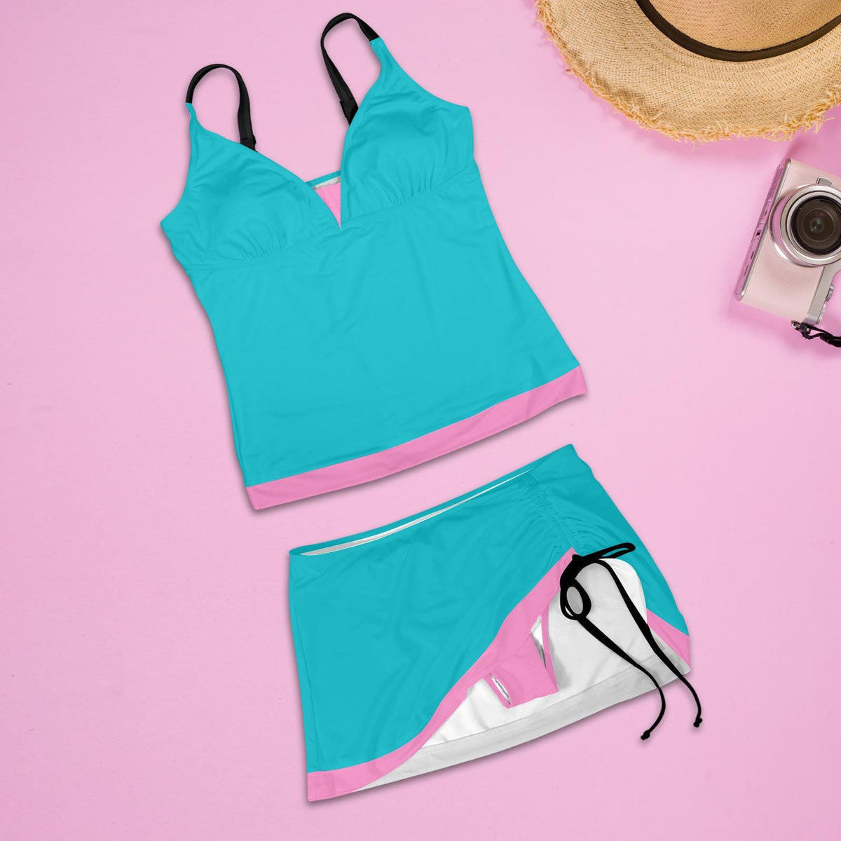 Drawstring Tankini Swimdress Skirted Swimsuit Set, 1980s-Fluo in Various Colours