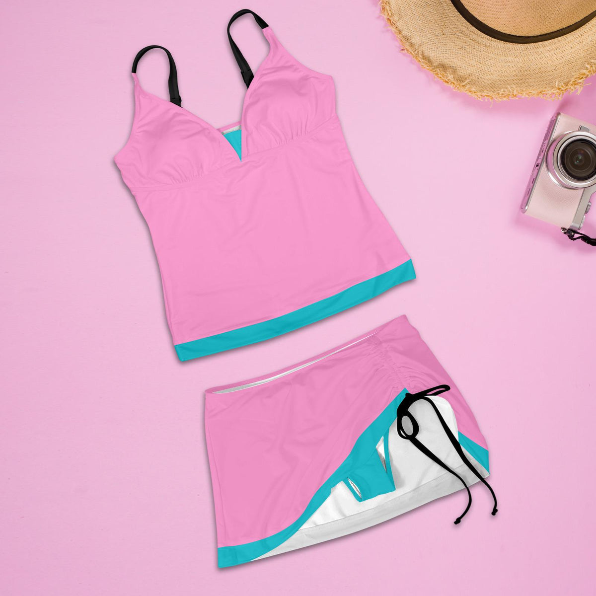 Drawstring Tankini Swimdress Skirted Swimsuit Set, 1980s-Fluo in Various Colours