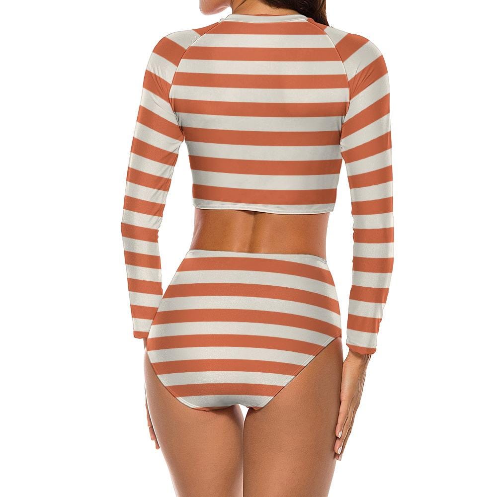 Striped Long-Sleeve Crop-Top Bikini Set | Sporty High-Waist Swimsuit | UV Protection Swimwear | Retro Surf Beachwear
