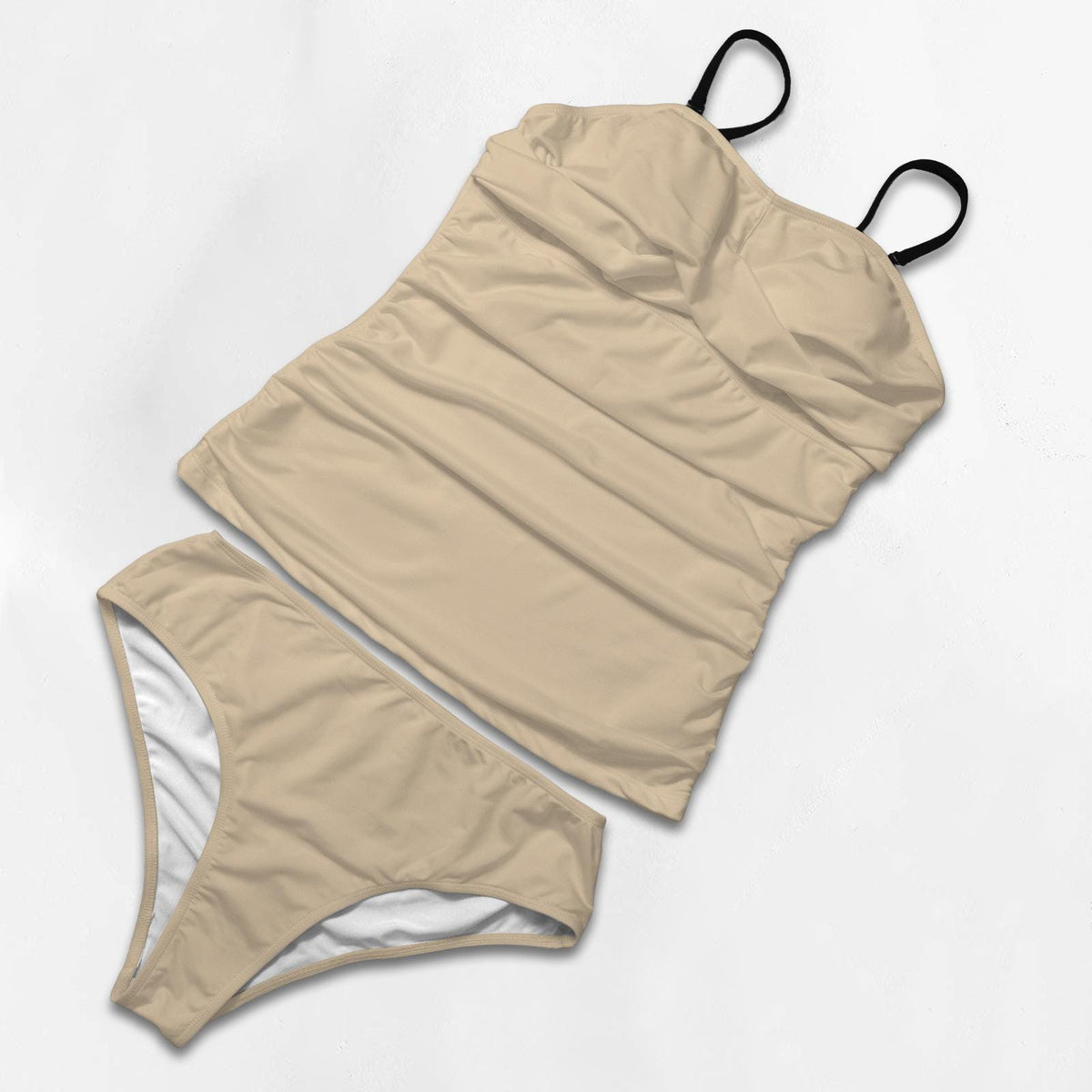 Chic Beige Tankini with Tummy Control, Elegant Ruched Swimwear, S to 5XL
