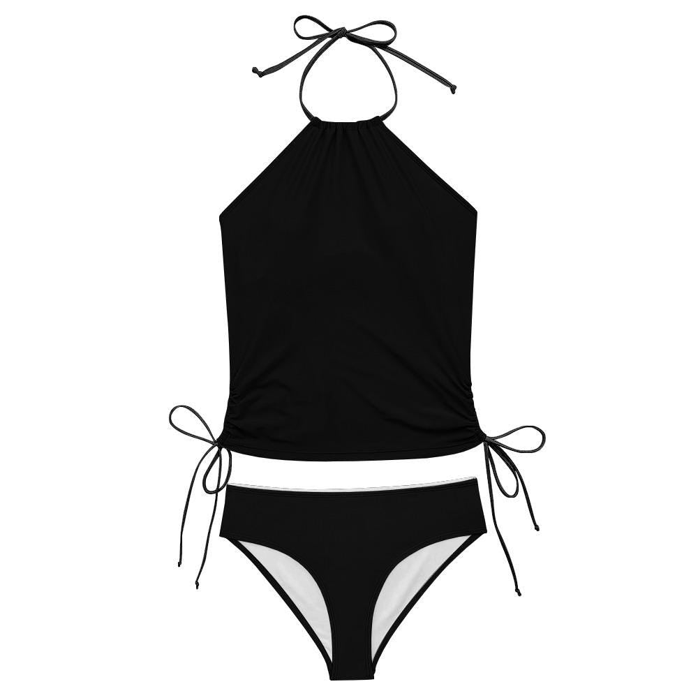 Stylish Black Halterneck Tankini – Sleek Two-Piece Swimsuit with Side Drawstrings, Flattering & Comfortable
