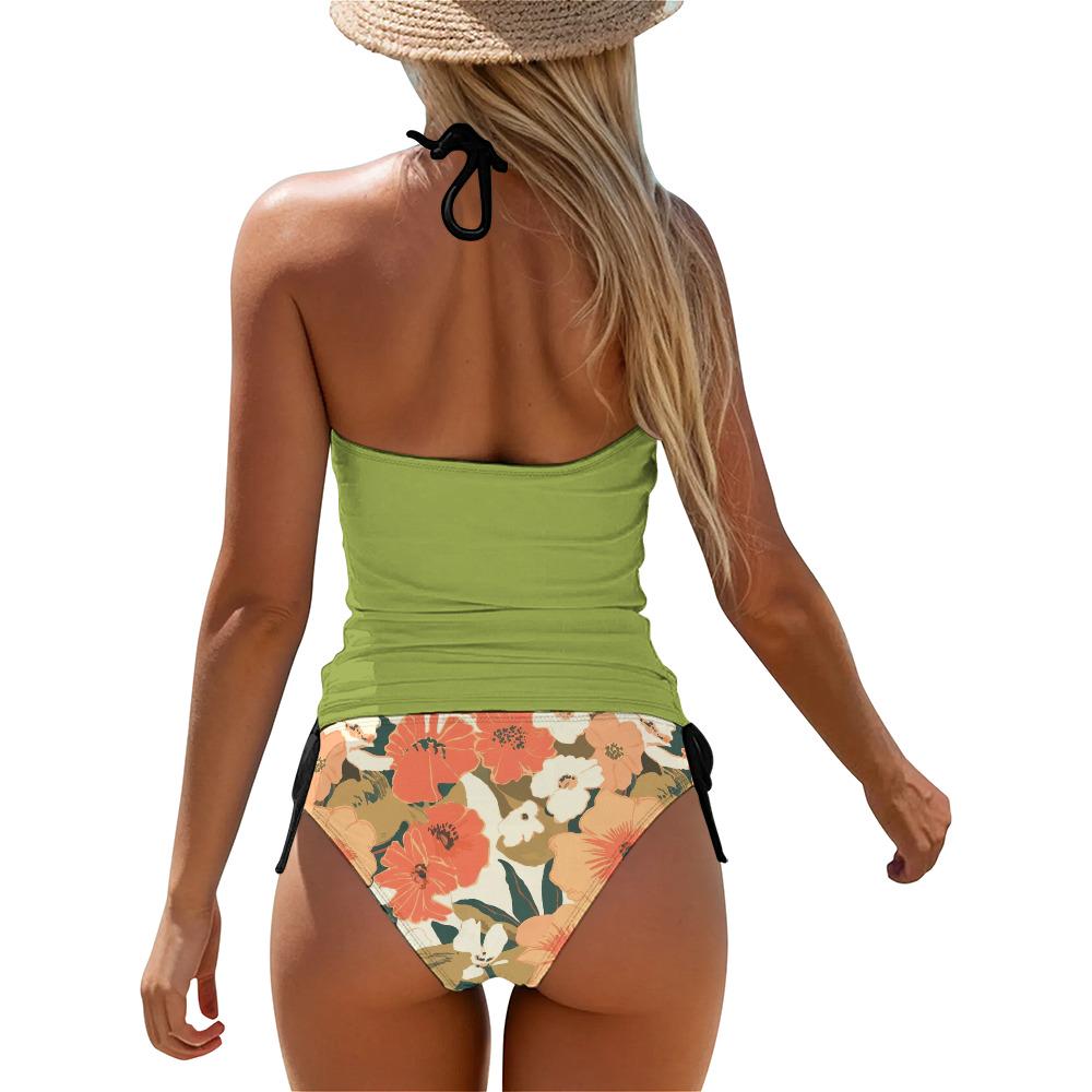Retro Hawaiian Floral Tankini – Surfer Two-Piece Swimsuit, Halterneck Drawstring, Flattering Fit