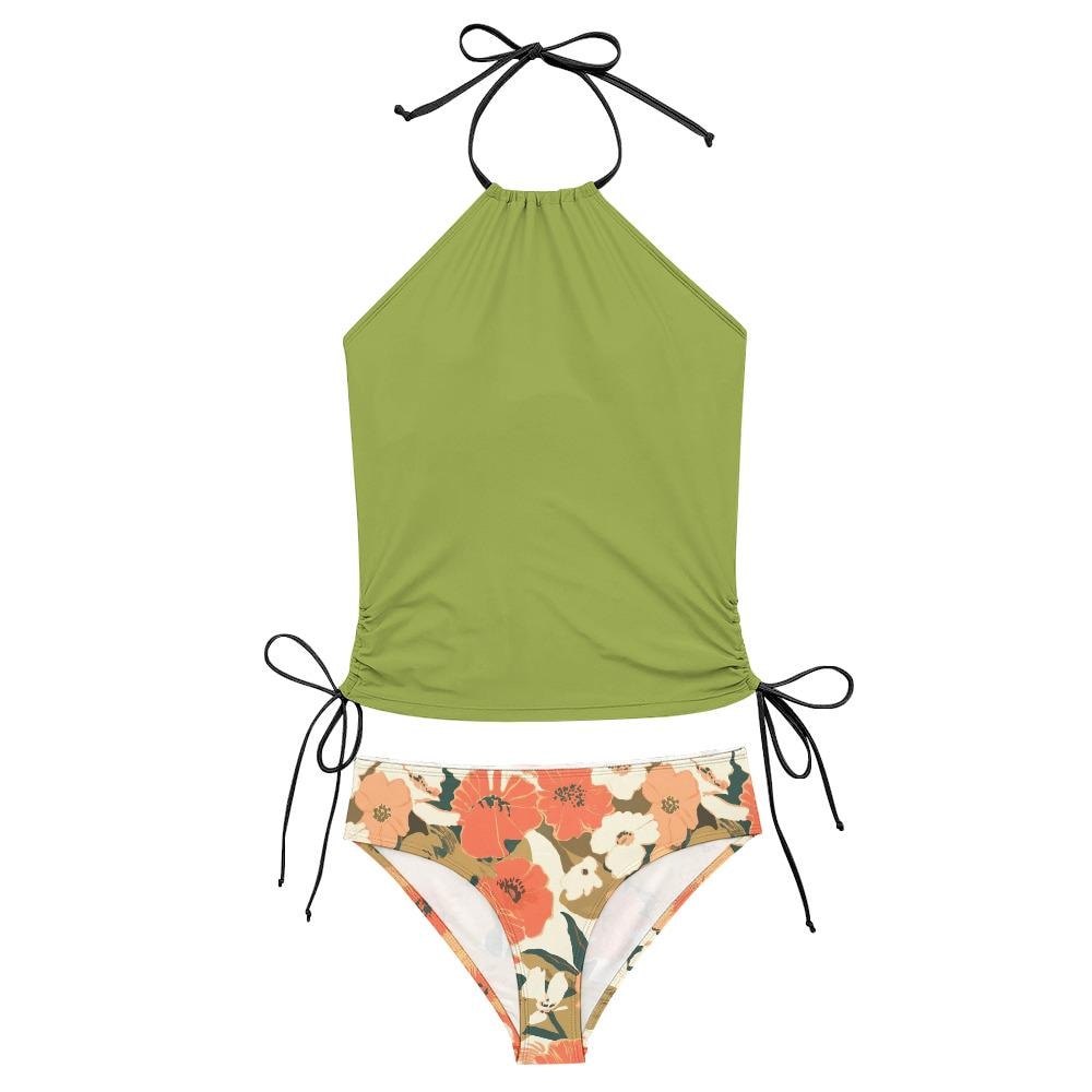 Retro Hawaiian Floral Tankini – Surfer Two-Piece Swimsuit, Halterneck Drawstring, Flattering Fit