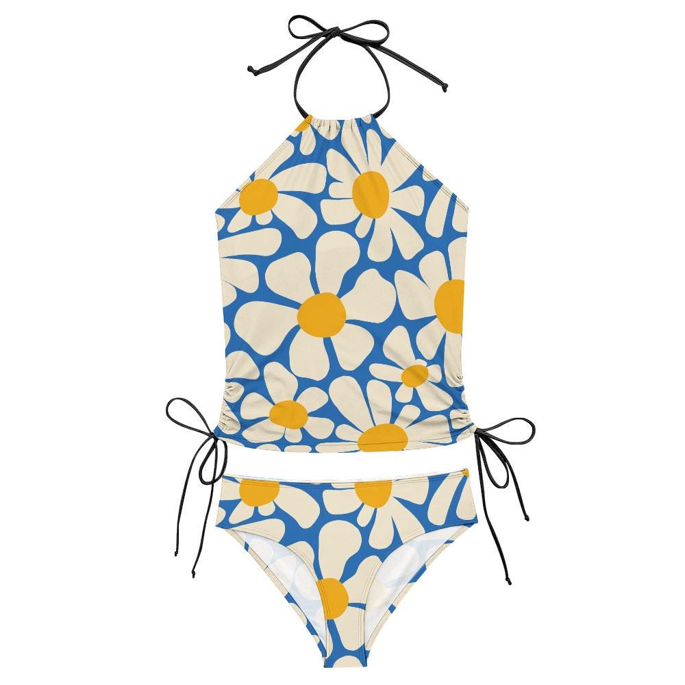 Retro Floral Tankini: 1960s Halter Swimsuit with Drawstrings
