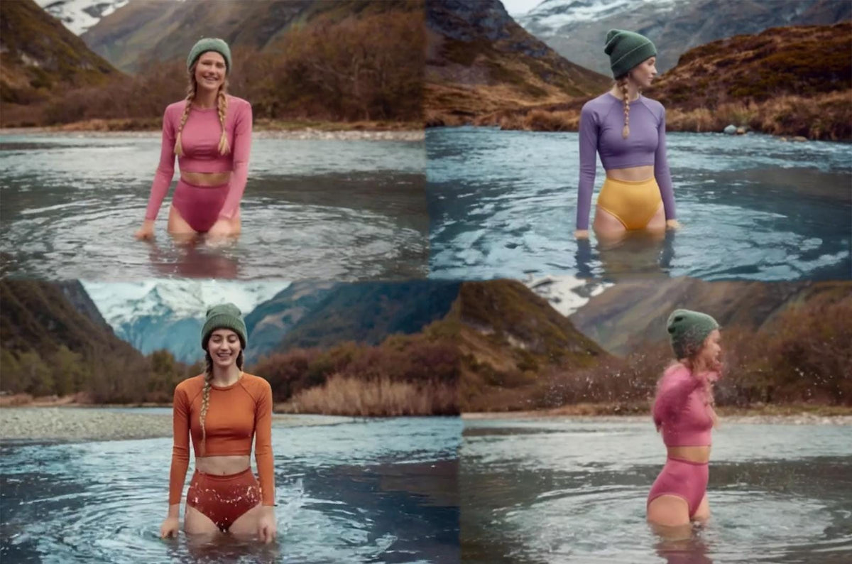 Wild Swimming Long-Sleeve Bikini Cropped Rash-Guard & High-Waisted Bottoms, Sporty Two-Piece Swimsuit, Alpine Flora-Inspired Colours