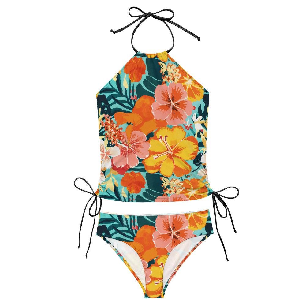 Floral Halterneck Tankini – Retro Hawaiian Two-Piece Swimsuit