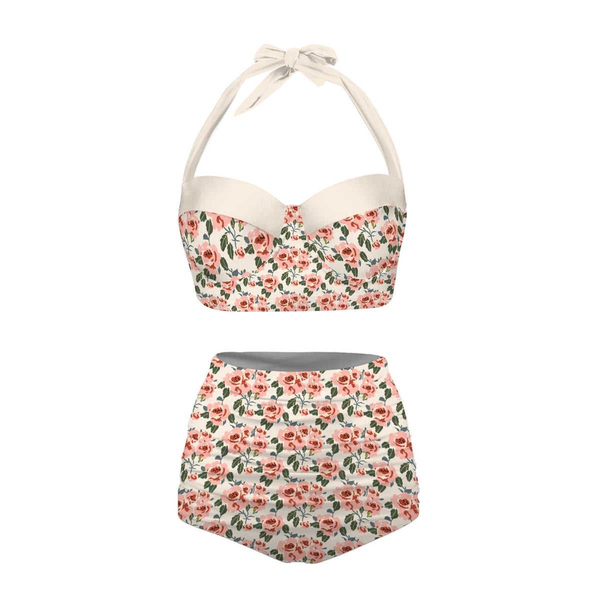 Vintage High-Waisted Bikini | Retro Classic Roses Halter Swimsuit | Coquette Ruched Two-Piece | 2 Styles
