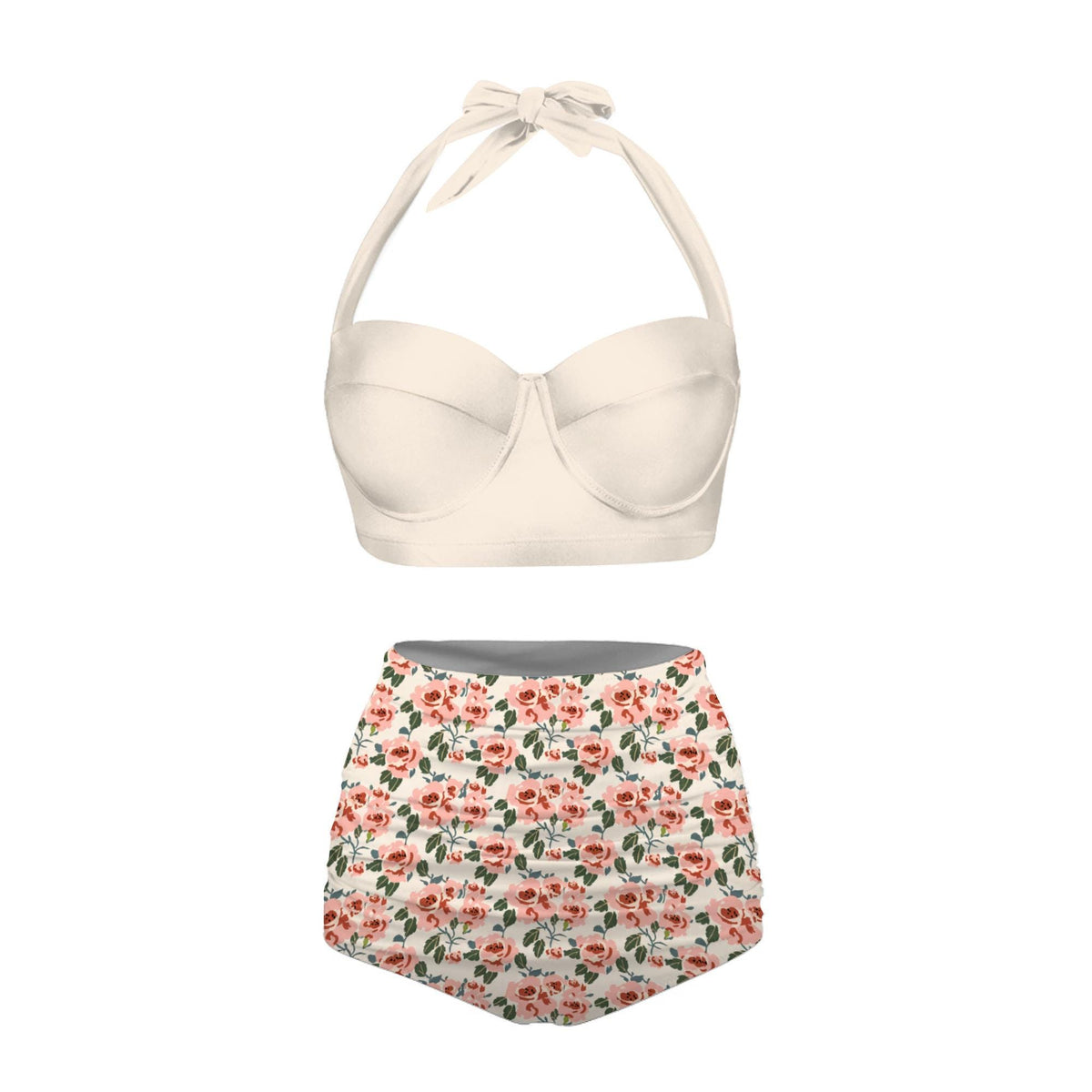 Vintage High-Waisted Bikini | Retro Classic Roses Halter Swimsuit | Coquette Ruched Two-Piece | 2 Styles