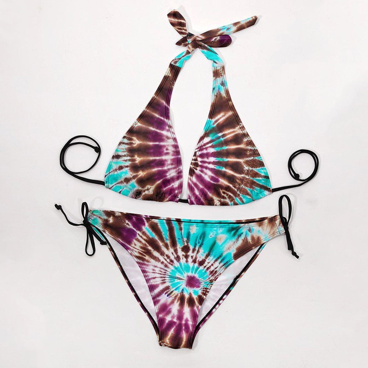 Boho Tie-Dye Triangle Bikini Set – Retro Festival Swimwear with Halter Top – Hippie Beach Style
