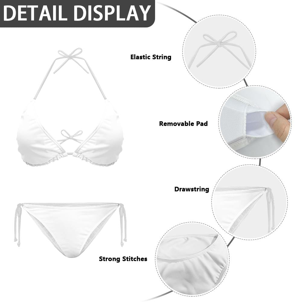Vintage Print-Effect Plaid Triangle Bikini Set, Removable Pads, Halter String Tie-Up Swimsuit, 2 Colours