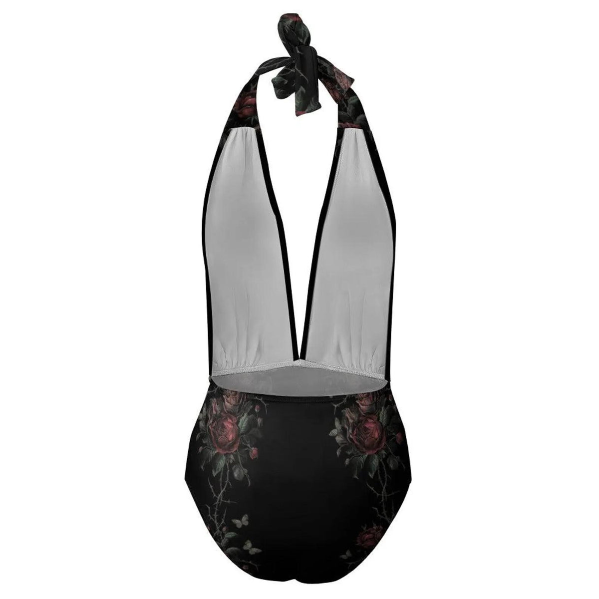 Vampire Art Retro Goth Romance Halter Plunge One-Piece Swimsuit Grunge, Rose Vines & Moths