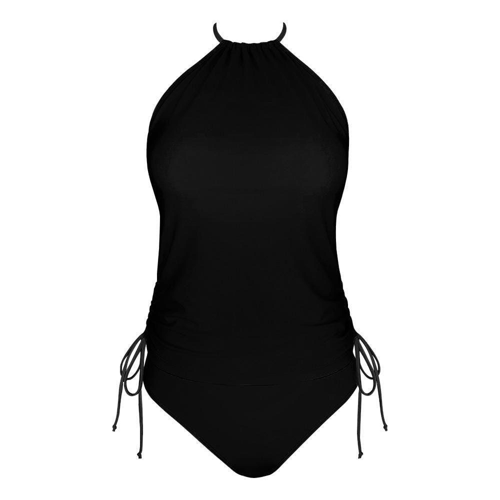 Stylish Black Halterneck Tankini – Sleek Two-Piece Swimsuit with Side Drawstrings, Flattering & Comfortable