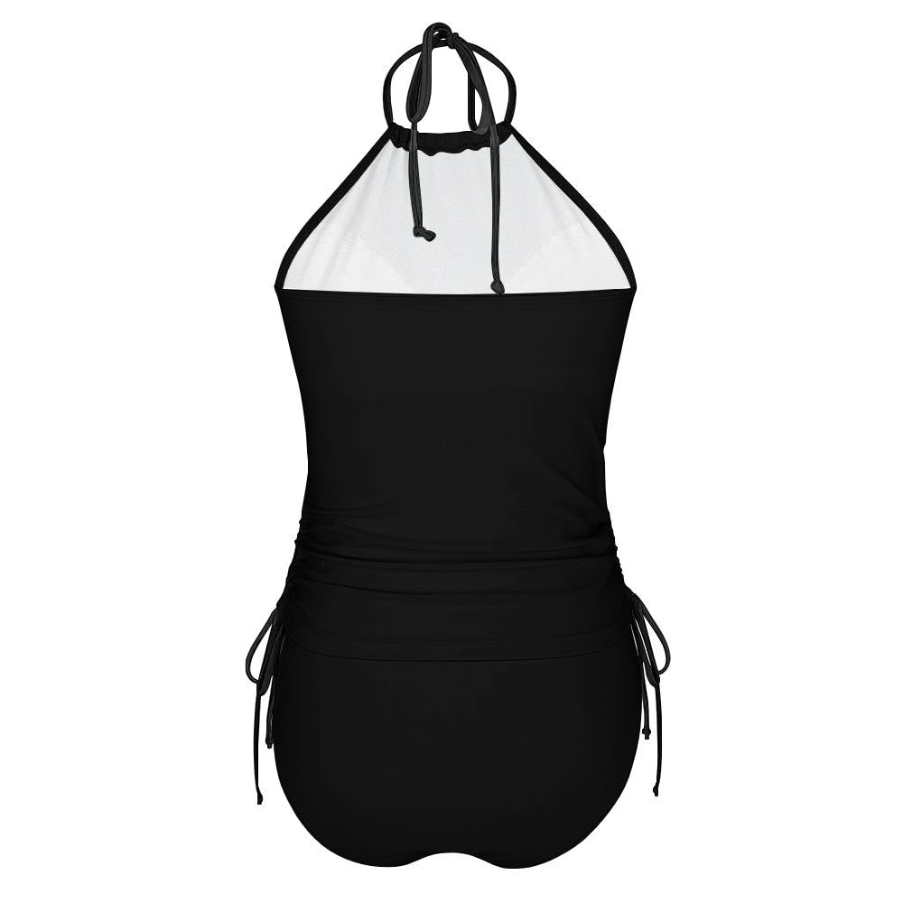 Skull & Crossbones Tankini Set - Black Halter Top, Adjustable Sides