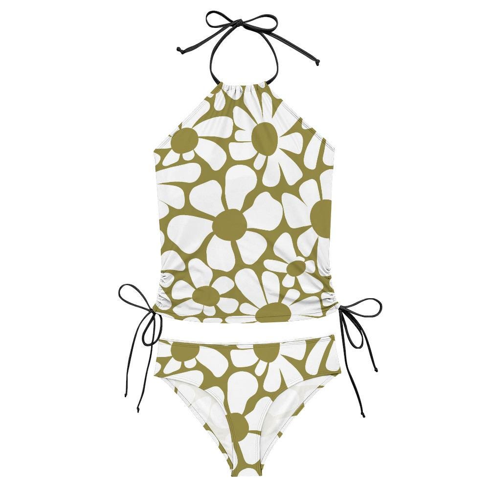 Retro Floral Tankini: 1960s Halter Swimsuit with Drawstrings