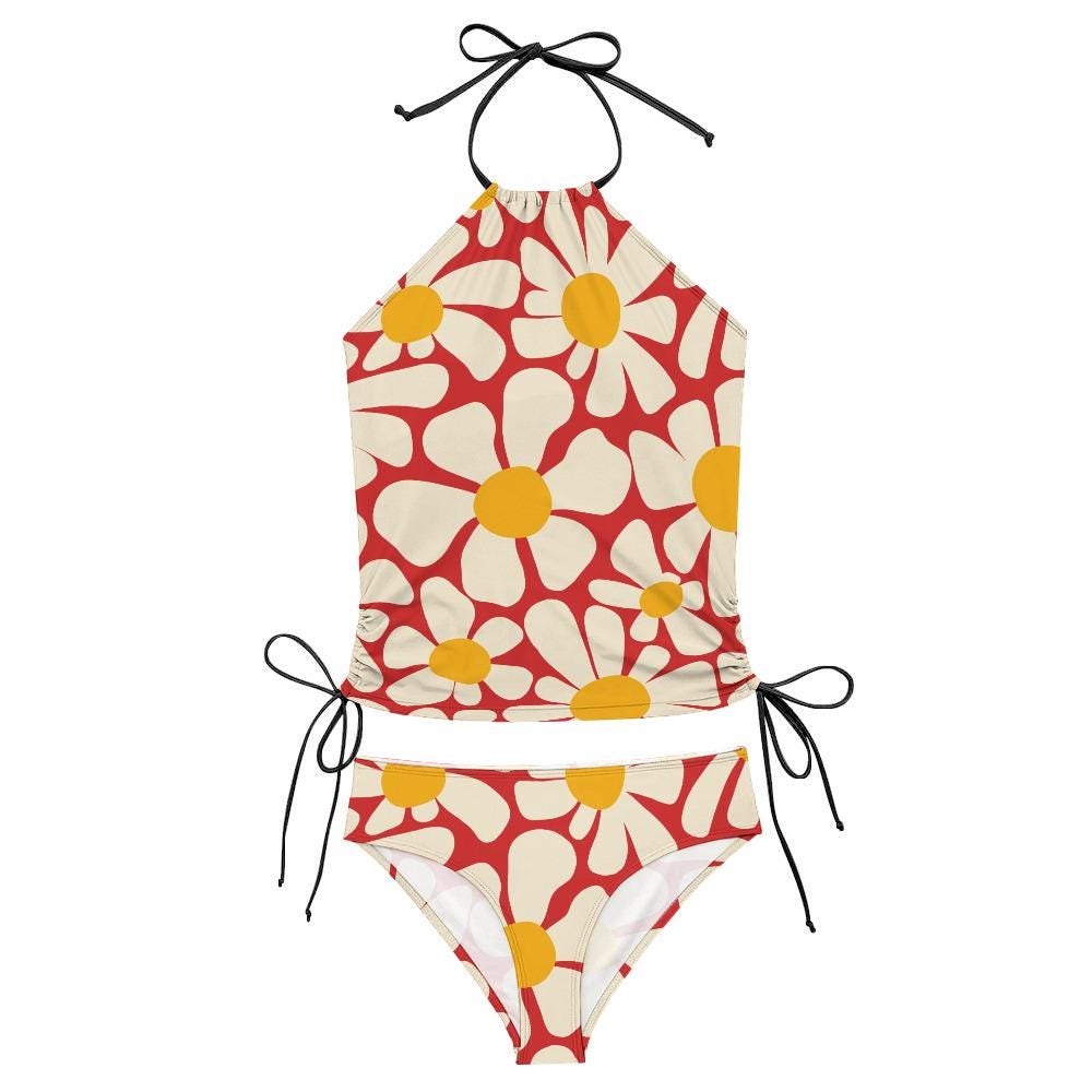 Retro Floral Tankini: 1960s Halter Swimsuit with Drawstrings