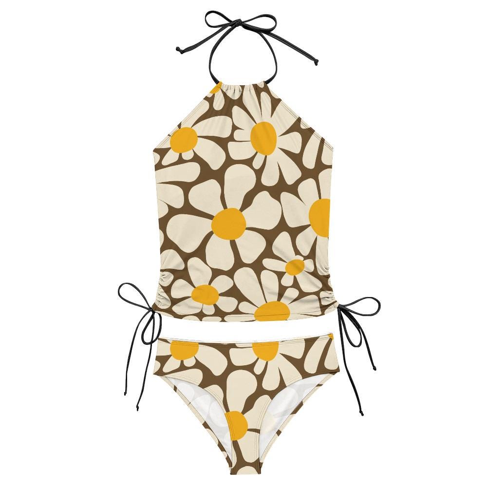 Retro Floral Tankini: 1960s Halter Swimsuit with Drawstrings