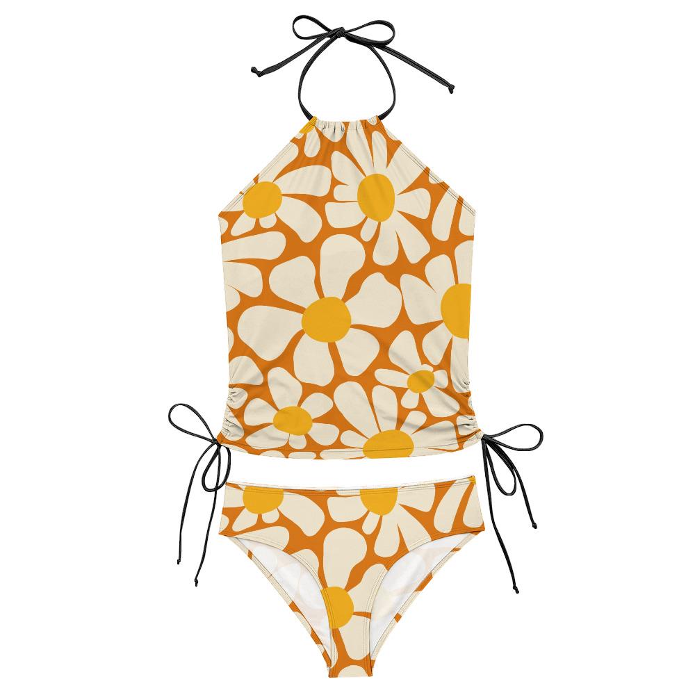 Retro Floral Tankini: 1960s Halter Swimsuit with Drawstrings