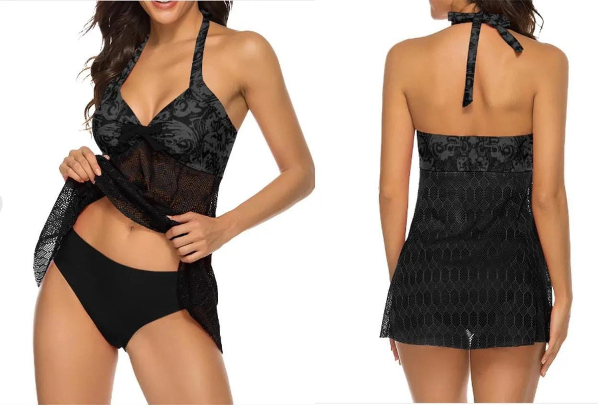 Goth-Inspired Lace Mesh Tankini – Halter Two-Piece Swimsuit