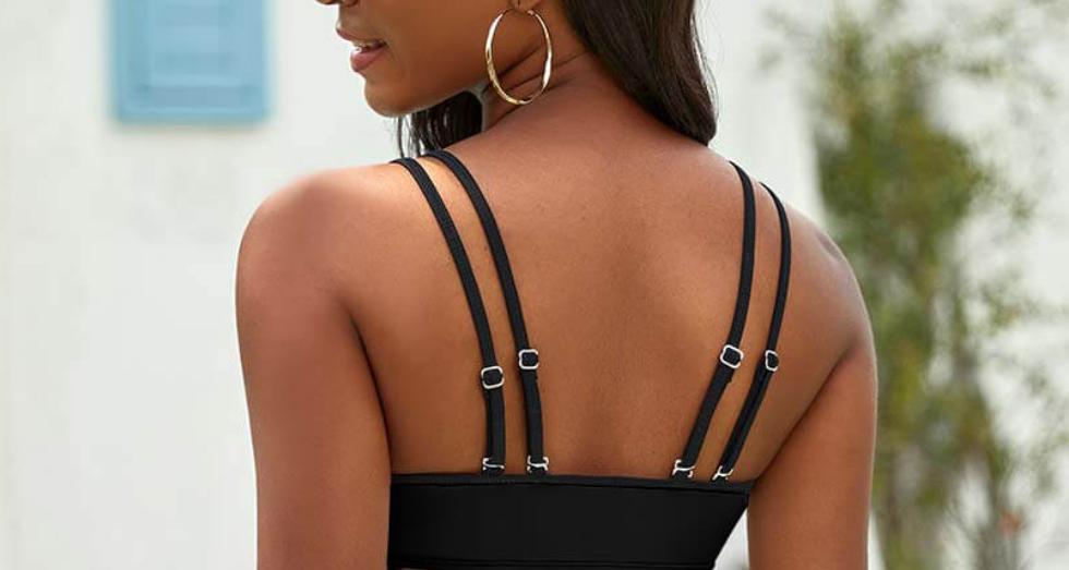 Black Damask Mesh Skirt Swimsuit – Ring Bandeau Top, Boyleg Shorts