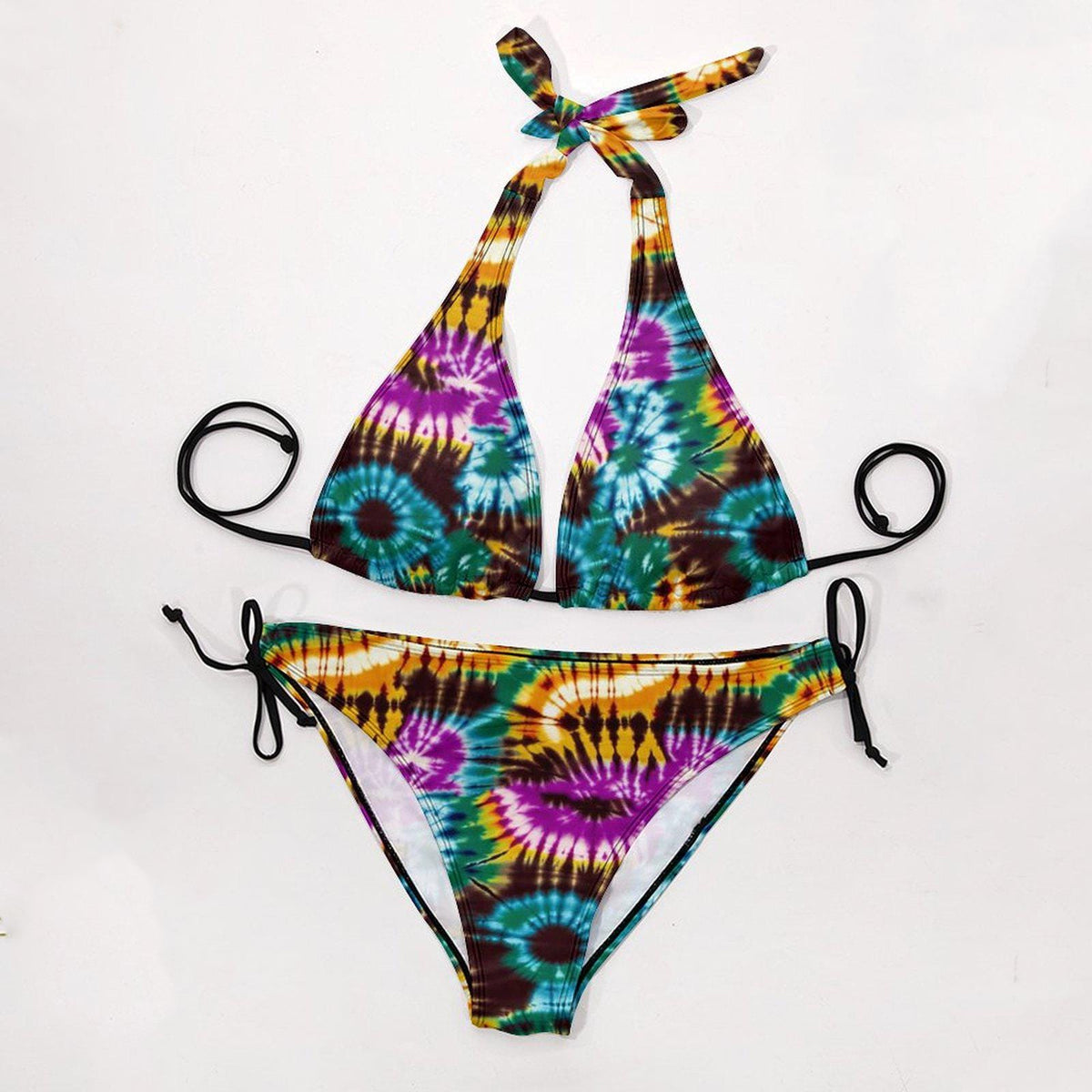 Boho Tie-Dye Triangle Bikini Set – Retro Festival Swimwear with Halter Top – Hippie Beach Style
