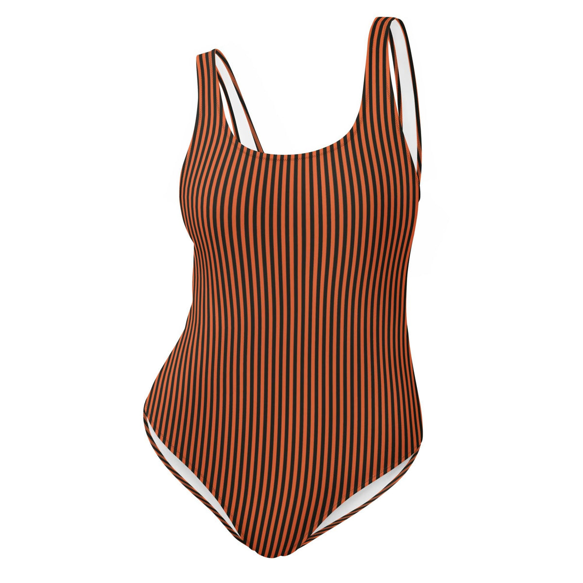 Retro Striped One-Piece Swimsuit, Rust Orange & Black, High Leg