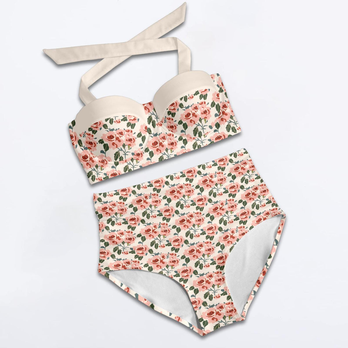 Vintage High-Waisted Bikini | Retro Classic Roses Halter Swimsuit | Coquette Ruched Two-Piece | 2 Styles